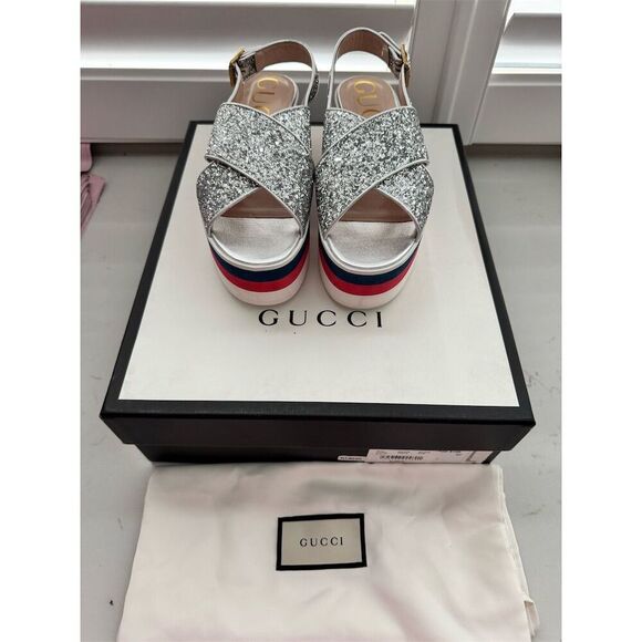 Gucci Women's Silver Glitter Slingback Platform Sandals Size 7 NIB - Picture 3 of 9